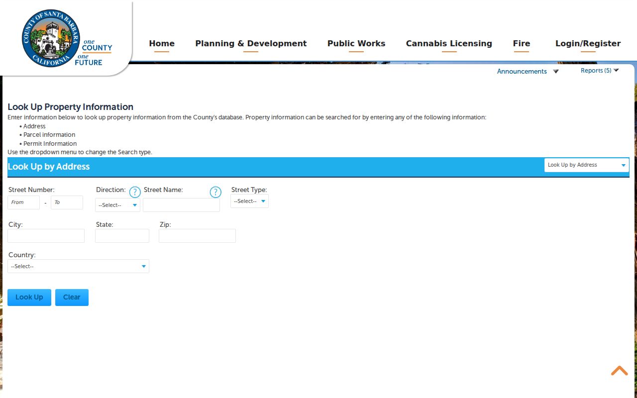 Goleta street directory view of Santa Barbara County parcel and permit records